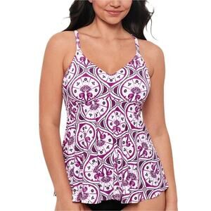 Swim Solutions Women Magenta Tiles Underwire V-Neck Swim Tankini Top Size 16